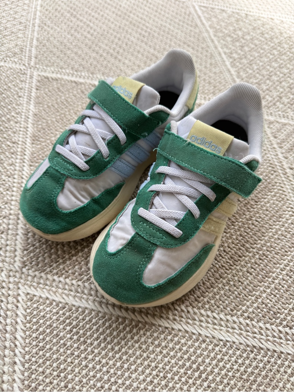 adidas Kids Green and White Velcro Sneakers with Yellow Tongue Accent